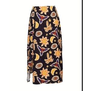 Sun&Coconut&Tree Print Skirt Floral Mid Calf Split Hem A-Line Women’s Summer